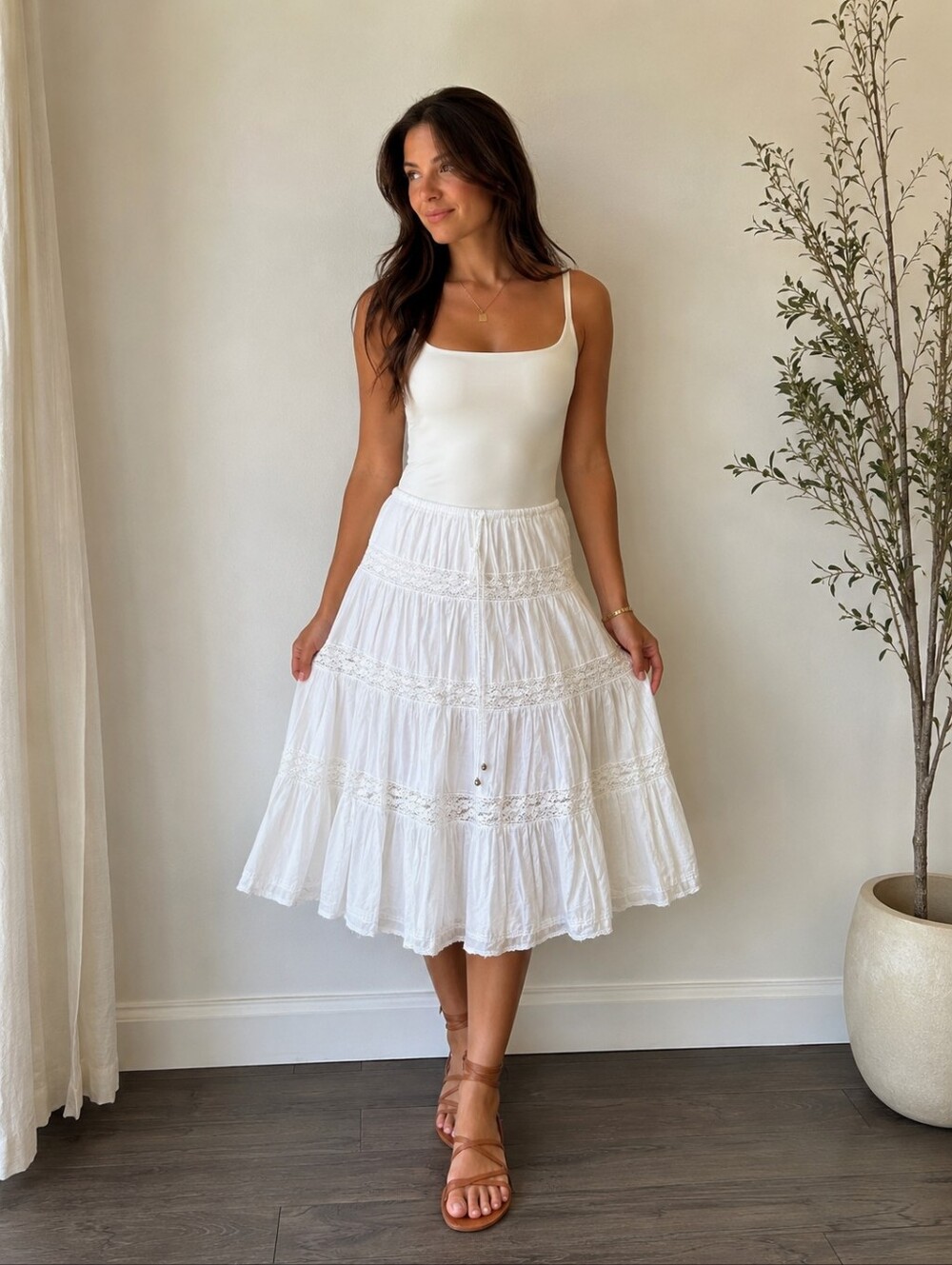 NWT Guess White 100% Cotton Boho Tiered Lace Midi Skirt Size Medium